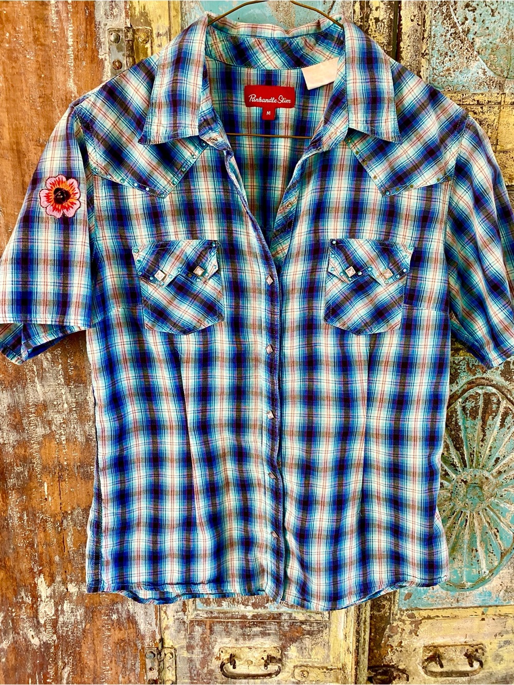Panhandle Slim Blue Plaid Short-Sleeve Snap-Down Shirt - Picture 2 of 12